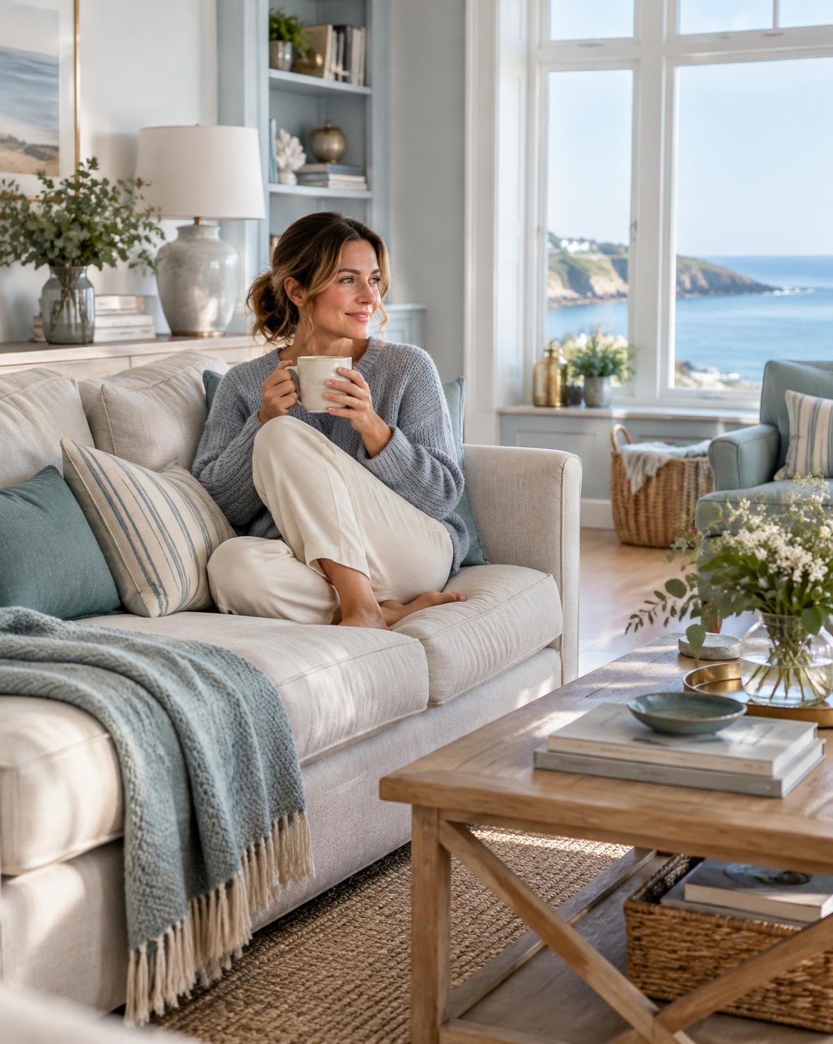 A woman relaxing with a cup of tea in a bright, freshly cleaned living room overlooking the sea