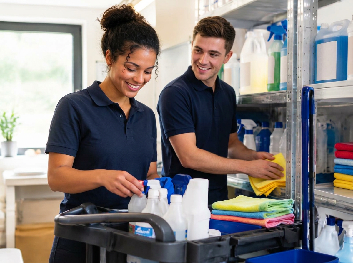 Two smiling cleaners in navy polos preparing a tidy cleaning trolley together
