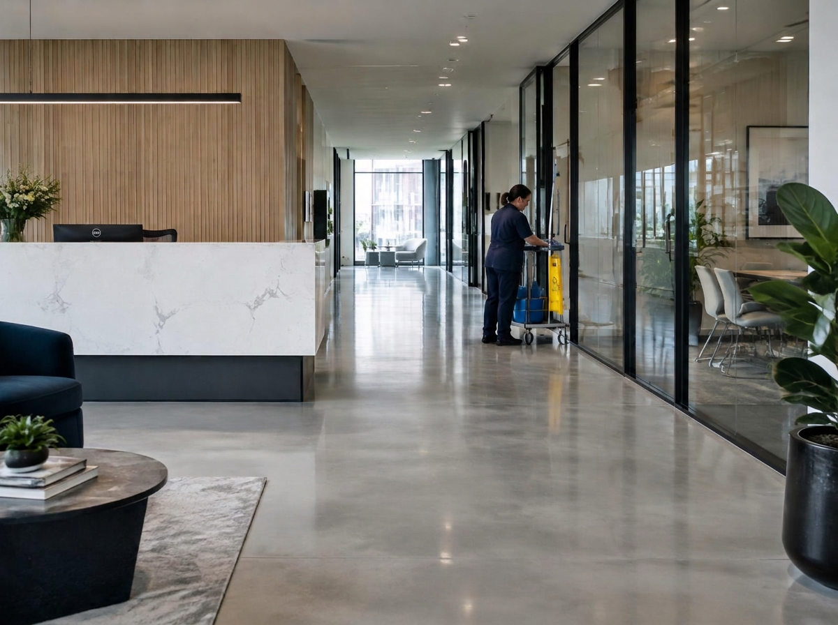 Immaculate commercial reception with a cleaner and trolley in the corridor