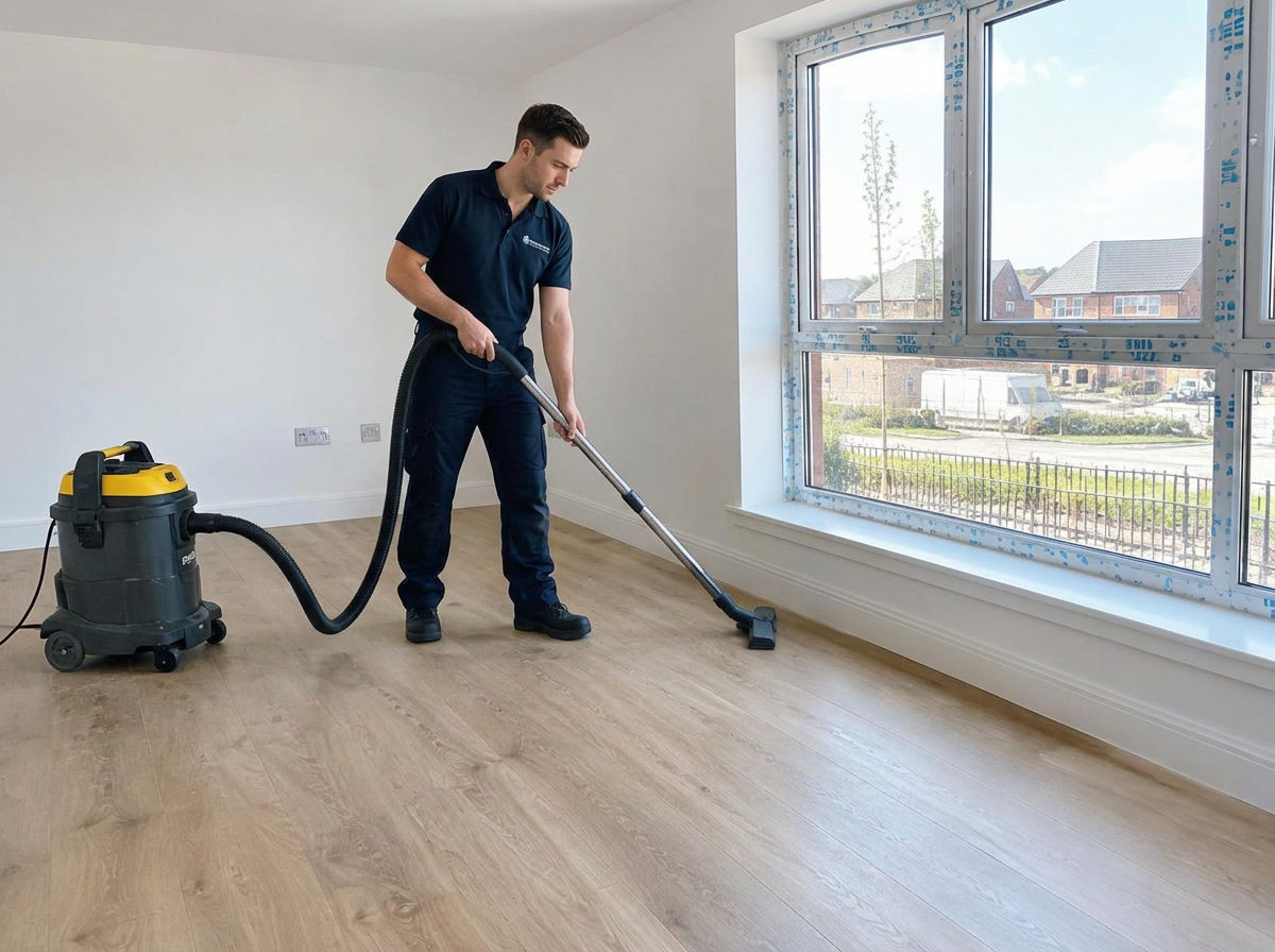 A male cleaner vacuuming construction dust in a newly finished room with protective tape on the windows