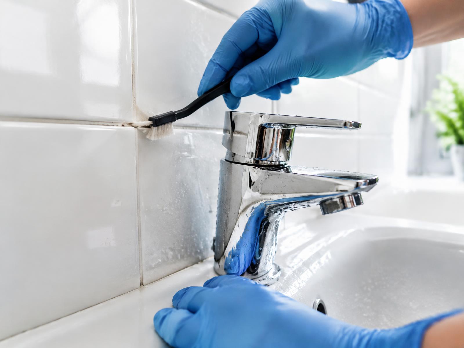 Gloved hands detailing the grout and chrome tap of a white bathroom basin with a small brush